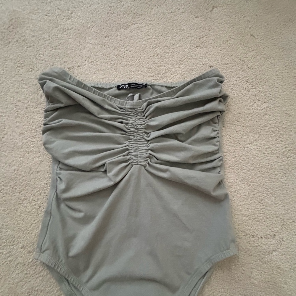 Zara Olive Ruched Off-Shoulder Bodysuit